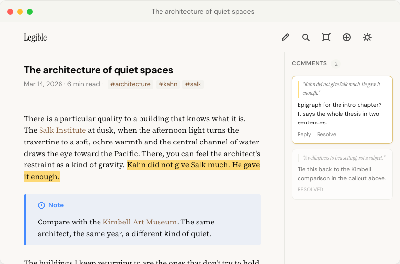 A Legible window with two passages highlighted in the essay and the comments panel open beside it: one active comment quoting the highlighted text, one resolved.