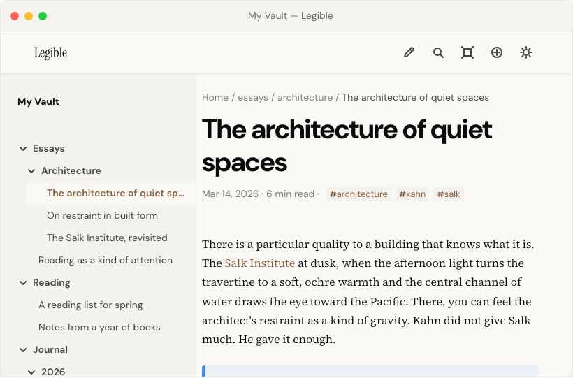 A Legible window open on a vault, with the sidebar showing Essays, Reading, and Journal folders and the architecture-of-quiet-spaces note actively open.