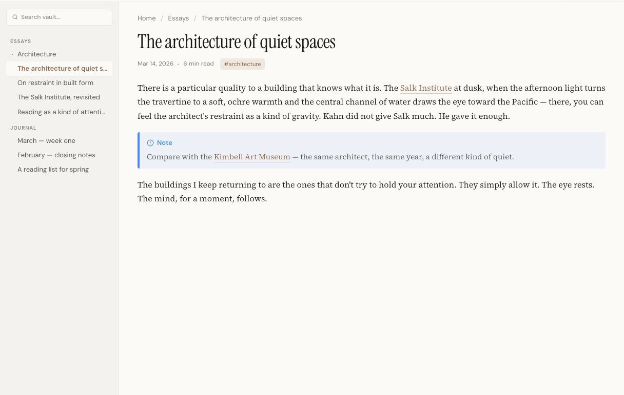 A Legible window reading 'The architecture of quiet spaces' — a serif essay rendered with breadcrumb, heading, body type, and a callout block.