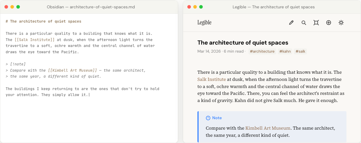 Two windows side by side. Obsidian on the left showing markdown source; Legible on the right showing the rendered note in serif type with a callout block.