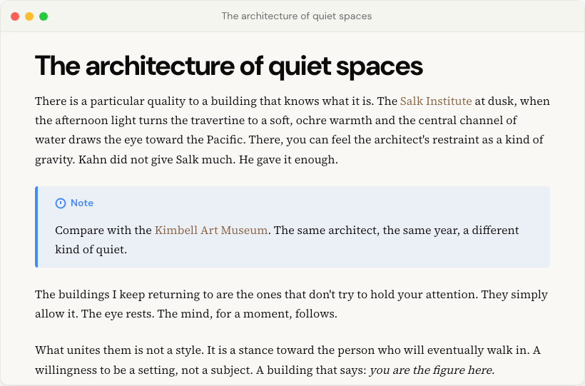 A Legible window in reading-first mode: no sidebar, no toolbar, just the rendered note and a margin.