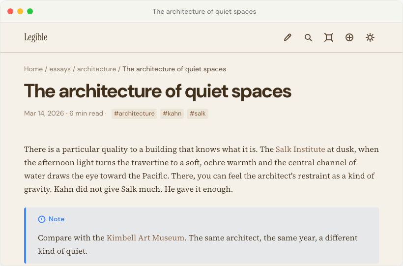 A Legible window in sepia reading mode showing the same note rendered in warm cream and brown ink.